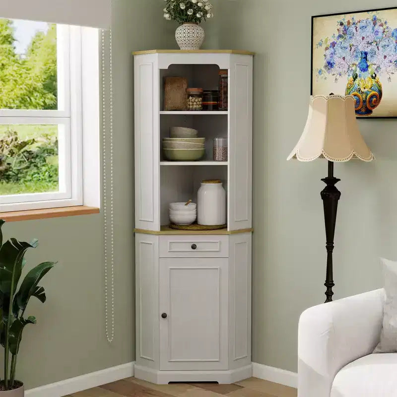 Antique White Corner Pantry Cabinet with 5 Shelves