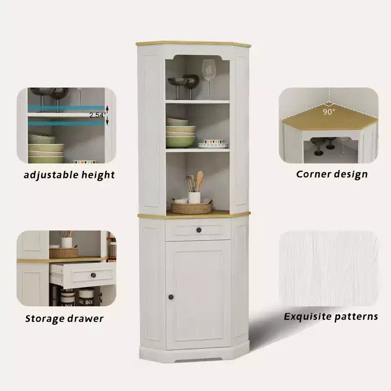 Antique White Corner Pantry Cabinet with 5 Shelves