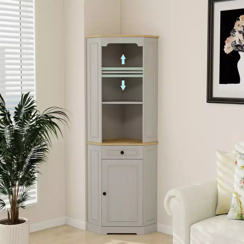 Antique White Corner Pantry Cabinet with 5 Shelves