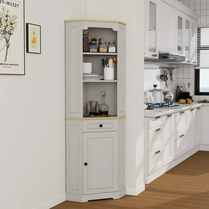 Antique White Corner Pantry Cabinet with 5 Shelves