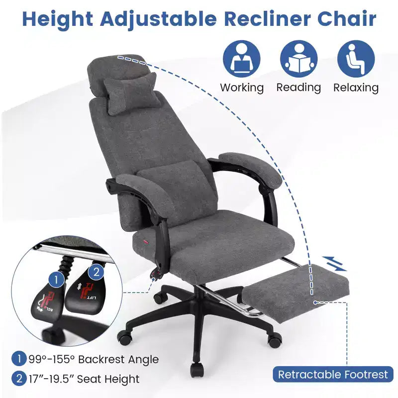 Reclining Home Office Chair with Retractable Footrest and High Back