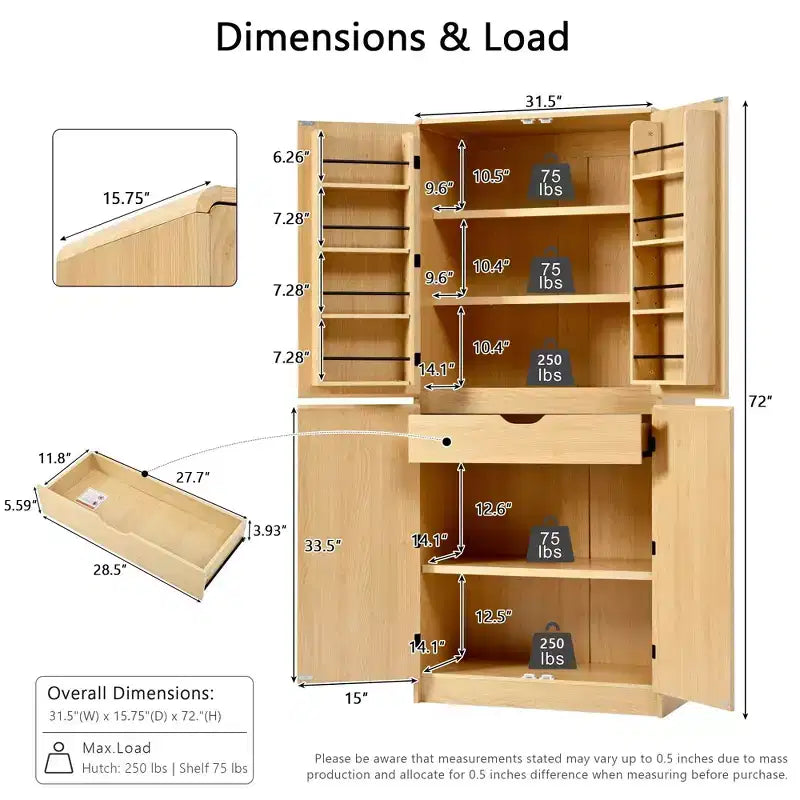 72-Inch Kitchen Storage Cabinet with Door Shelves and Adjustable Shelves