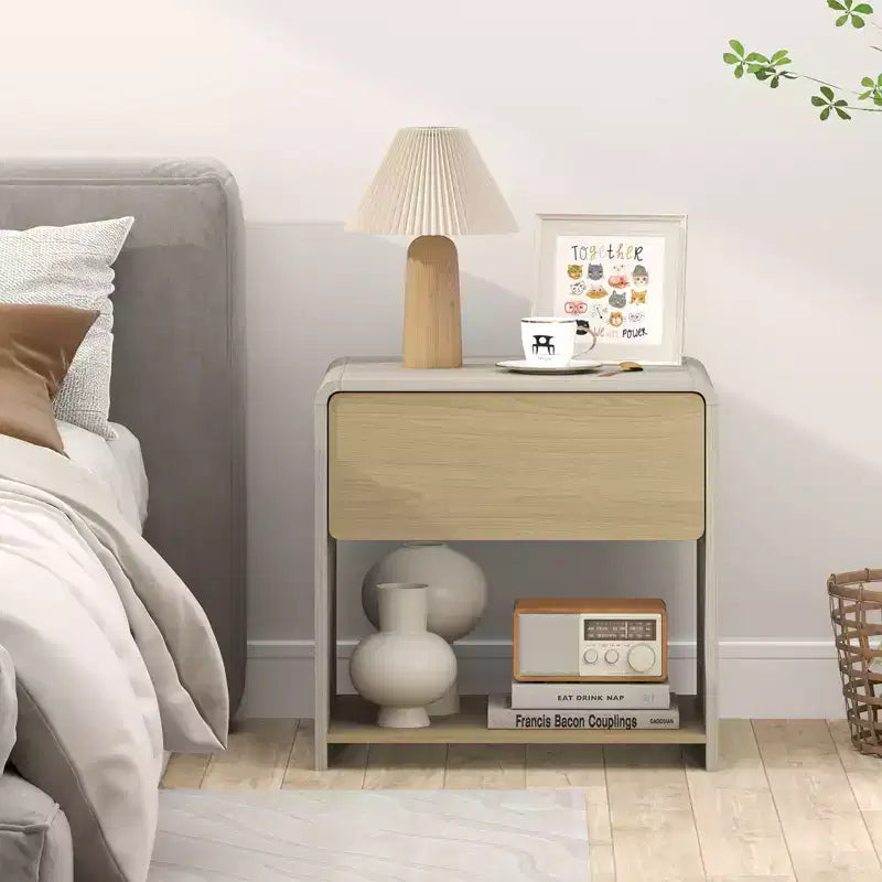 Modern Style Nightstand 2-Tier Bedside Table with Drawer and Open Shelf