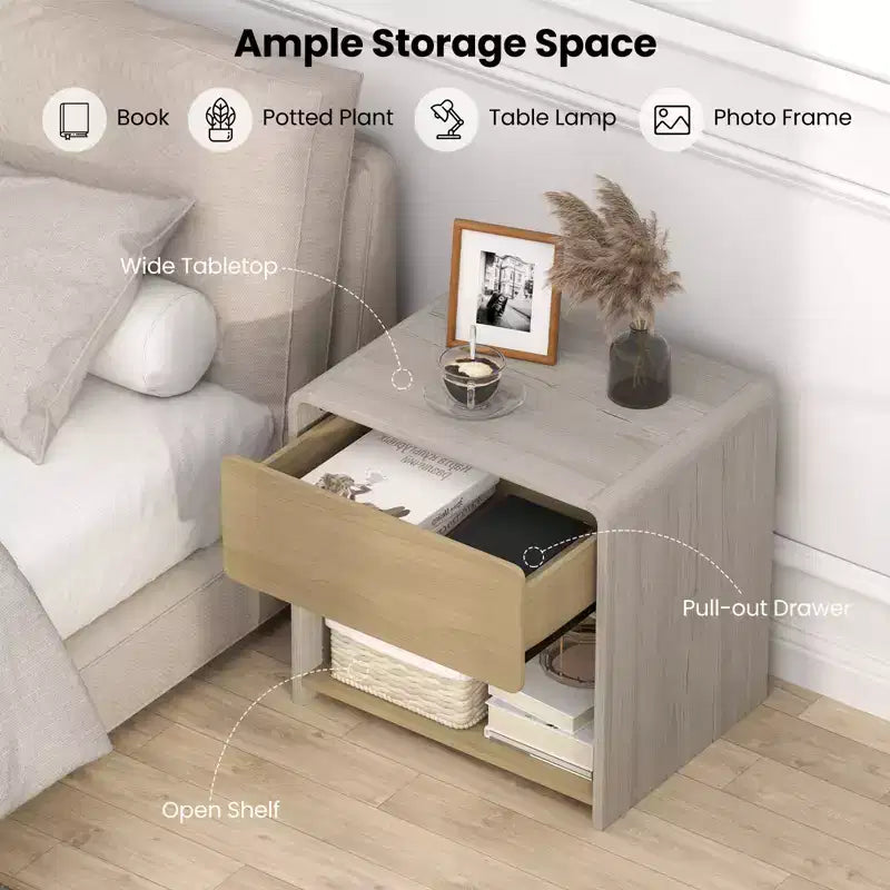 Modern Style Nightstand 2-Tier Bedside Table with Drawer and Open Shelf