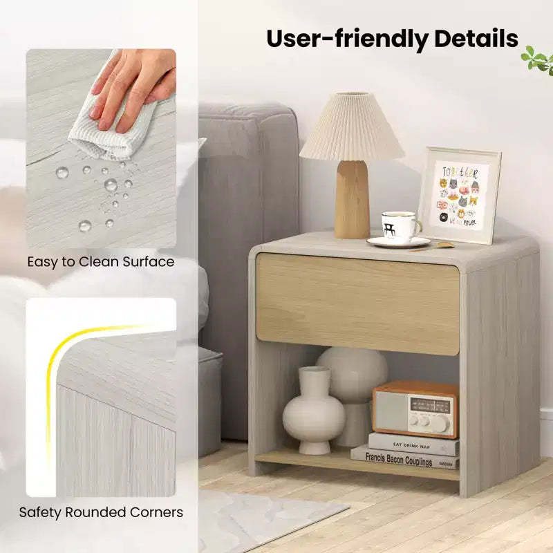 Modern Style Nightstand 2-Tier Bedside Table with Drawer and Open Shelf