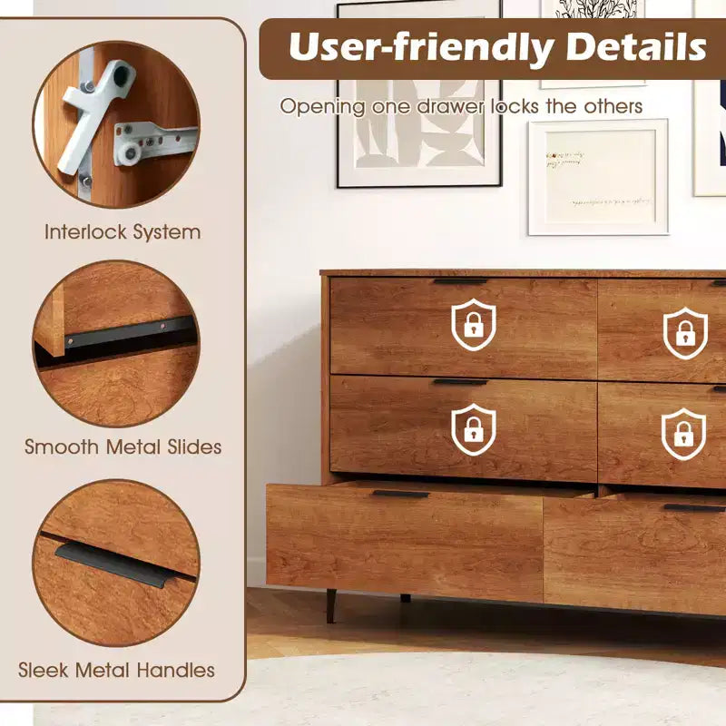 6-Drawer Double Dresser with Interlock System, Metal Support Legs and Anti-Tipping Kit