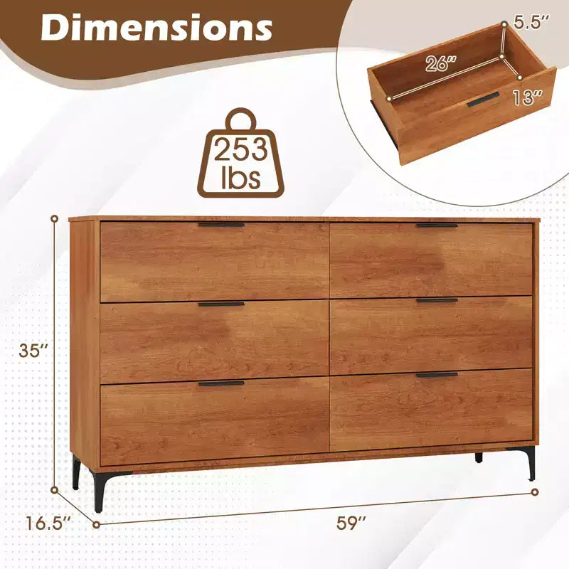 6-Drawer Double Dresser with Interlock System, Metal Support Legs and Anti-Tipping Kit