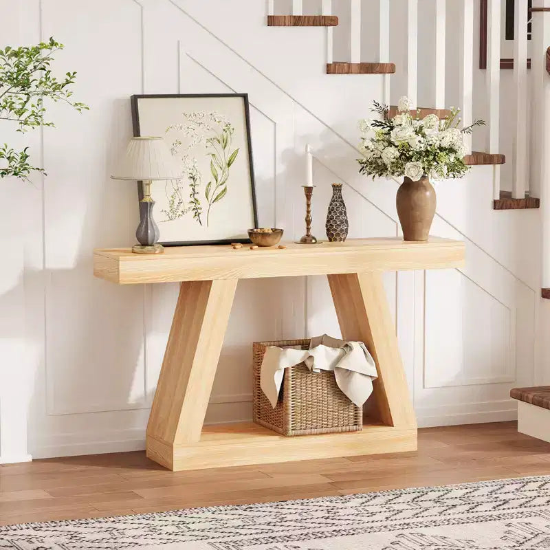 Farmhouse Console Table, 2-Tier Wooden Trapezium Sofa Table with Open Storage Shelf, Industrial Entryway Furniture for Entrance, Hallway, Living Room