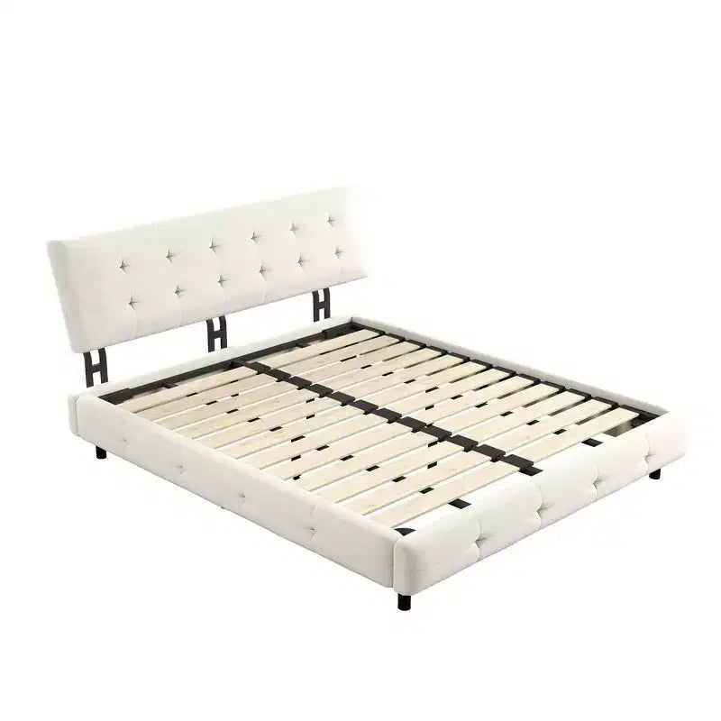 King Size Chenille Platform Bed with Upholstered Headboard and Pine Wood Slat Frame