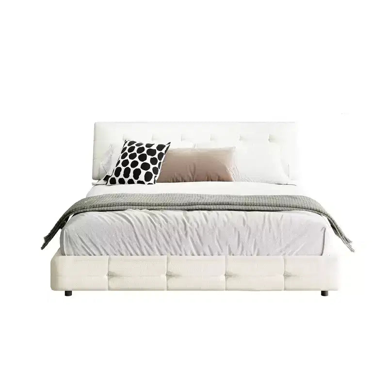 King Size Chenille Platform Bed with Upholstered Headboard and Pine Wood Slat Frame