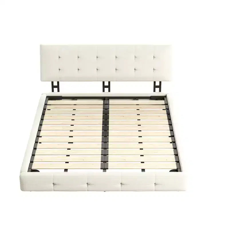 King Size Chenille Platform Bed with Upholstered Headboard and Pine Wood Slat Frame