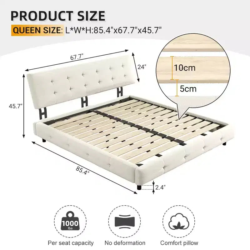 King Size Chenille Platform Bed with Upholstered Headboard and Pine Wood Slat Frame