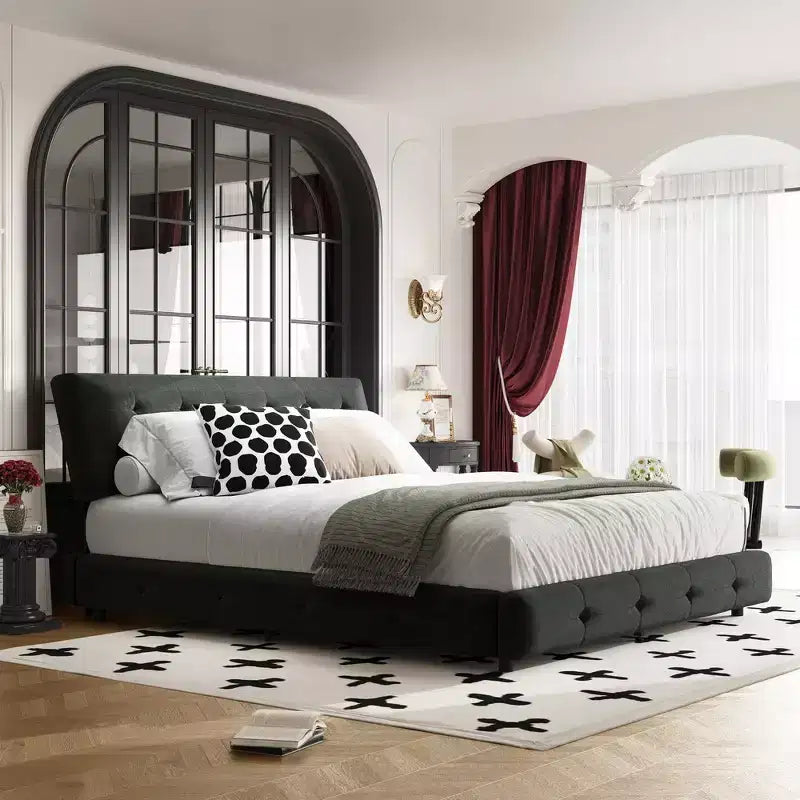 King Size Chenille Platform Bed with Upholstered Headboard and Pine Wood Slat Frame