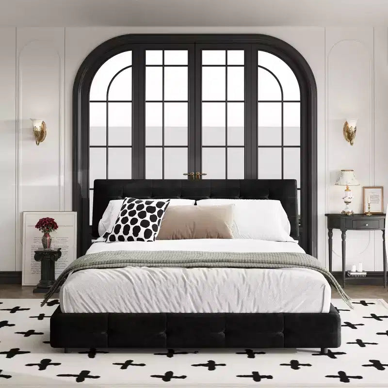 King Size Chenille Platform Bed with Upholstered Headboard and Pine Wood Slat Frame