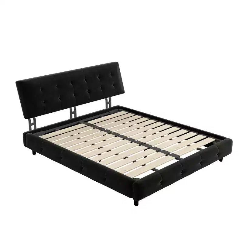 King Size Chenille Platform Bed with Upholstered Headboard and Pine Wood Slat Frame
