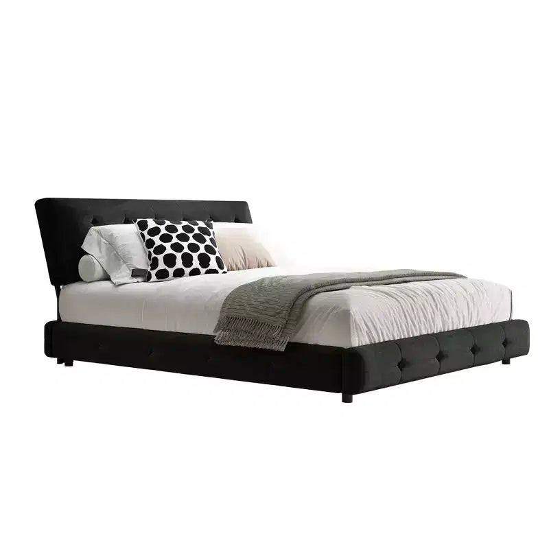 King Size Chenille Platform Bed with Upholstered Headboard and Pine Wood Slat Frame