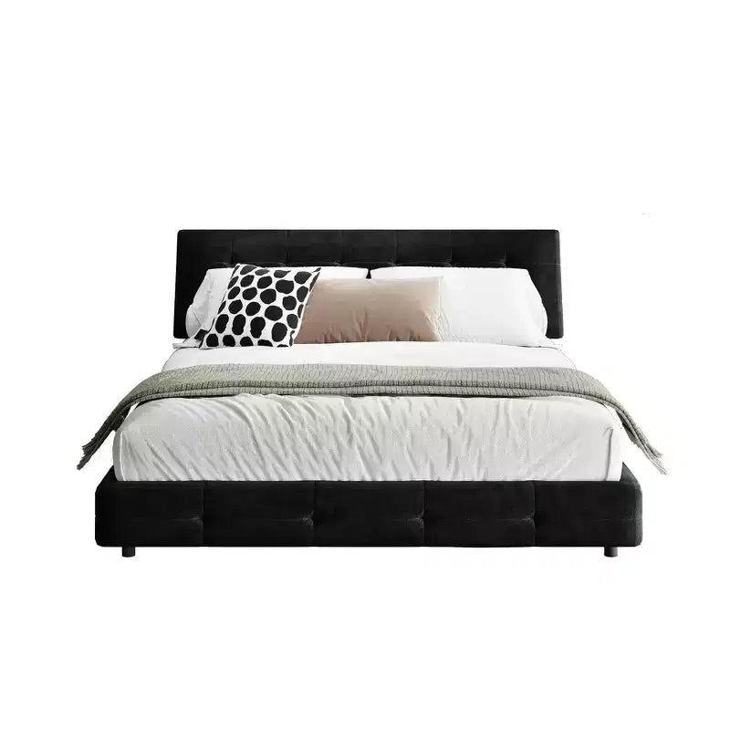 King Size Chenille Platform Bed with Upholstered Headboard and Pine Wood Slat Frame