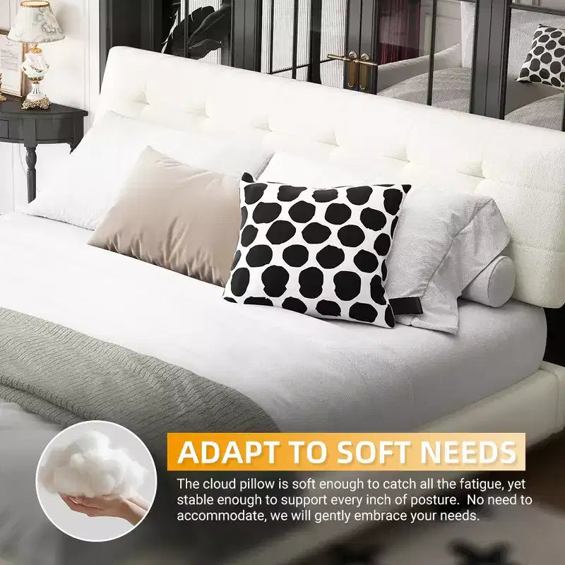 King Size Chenille Platform Bed with Upholstered Headboard and Pine Wood Slat Frame