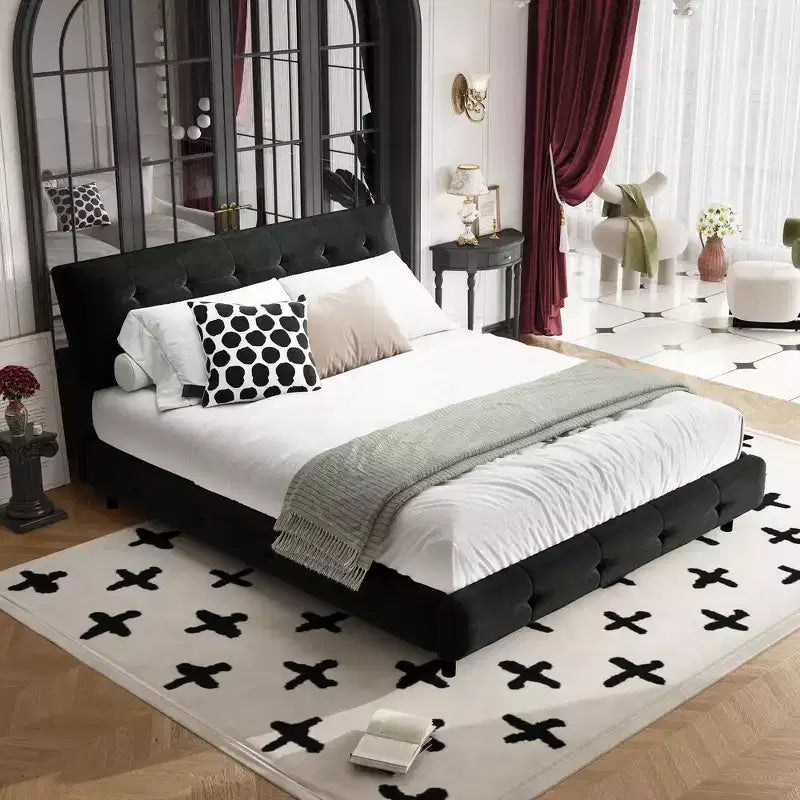 King Size Chenille Platform Bed with Upholstered Headboard and Pine Wood Slat Frame