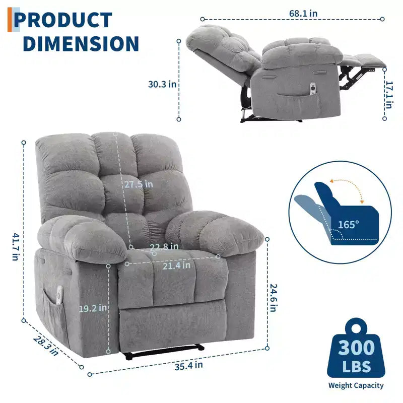Extra Wide Oversized Recliner Chair with Massage and Heat - Plush Manual Recliner for Living Room with 150° Recline