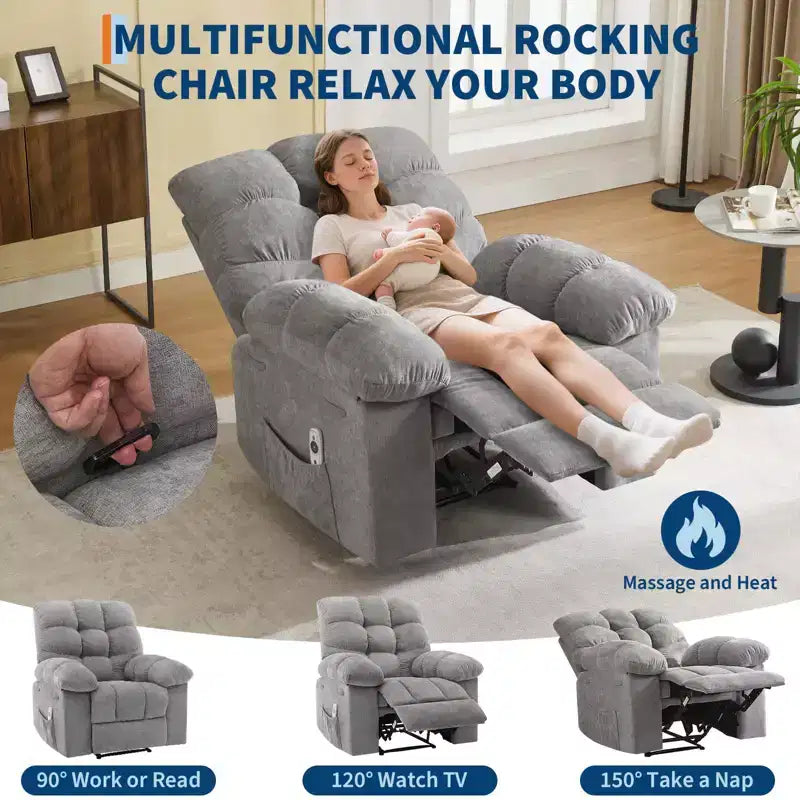 Extra Wide Oversized Recliner Chair with Massage and Heat - Plush Manual Recliner for Living Room with 150° Recline