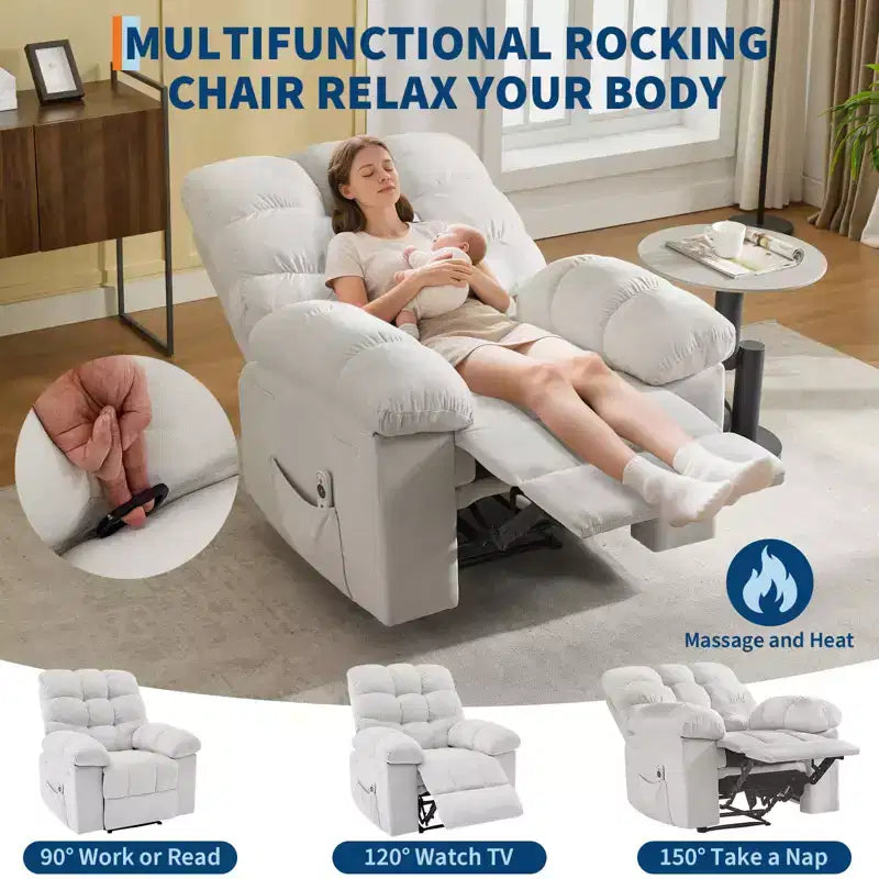 Extra Wide Oversized Recliner Chair with Massage and Heat - Plush Manual Recliner for Living Room with 150° Recline