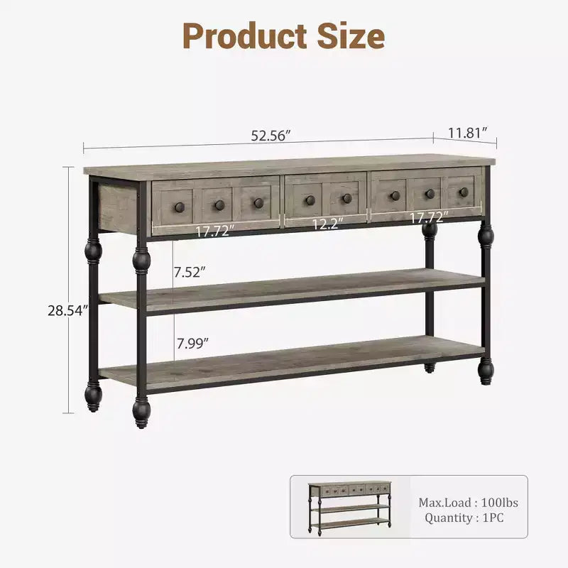 52-Inch Industrial Console Table with 3 Drawers and Open Shelf