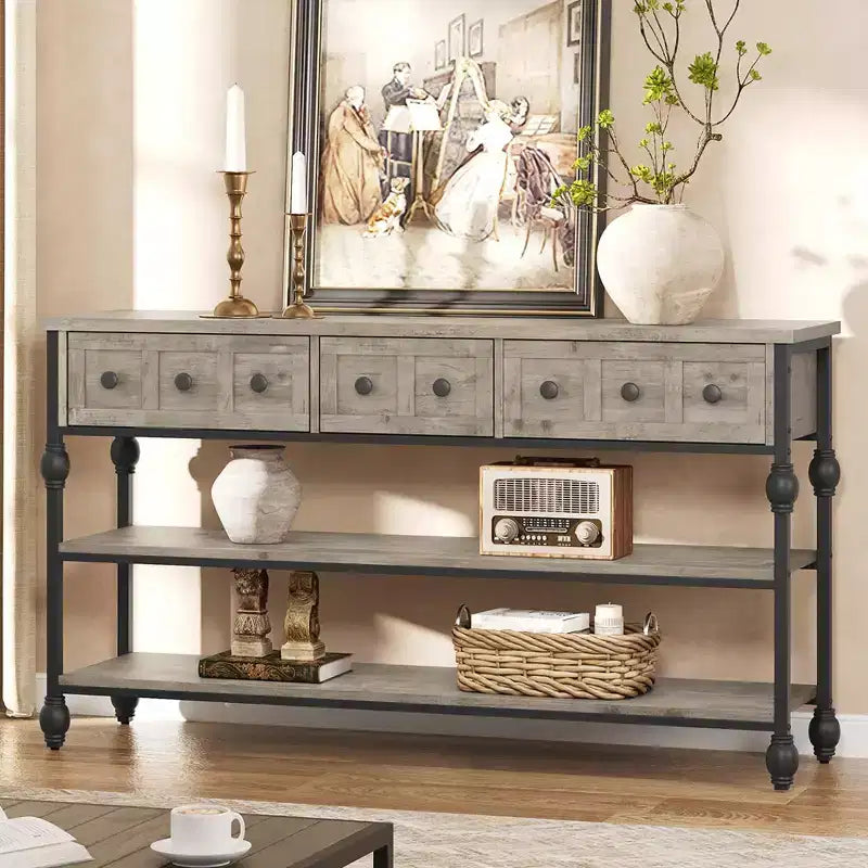 52-Inch Industrial Console Table with 3 Drawers and Open Shelf