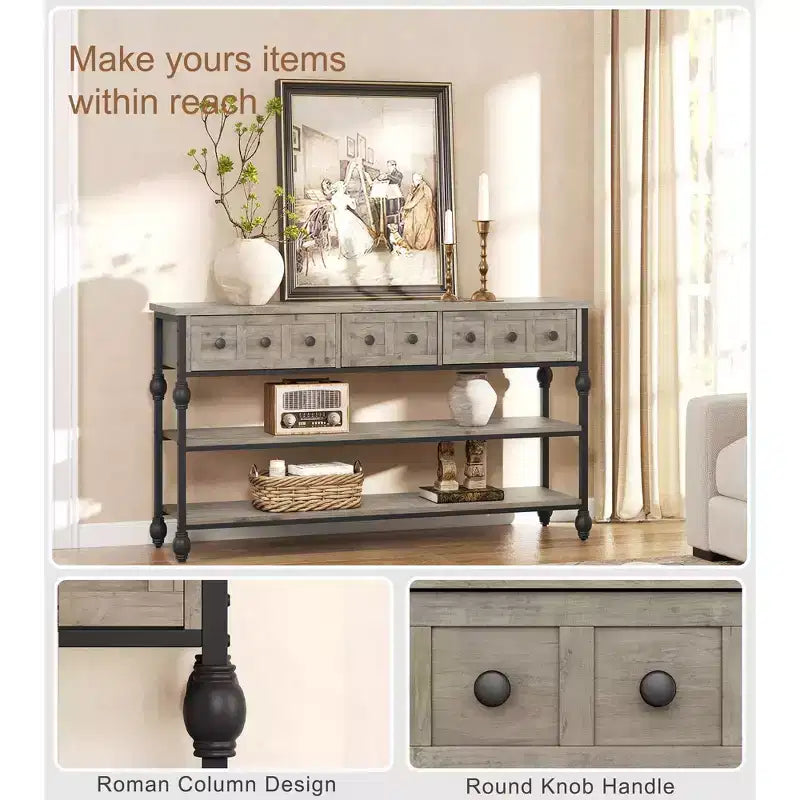 52-Inch Industrial Console Table with 3 Drawers and Open Shelf
