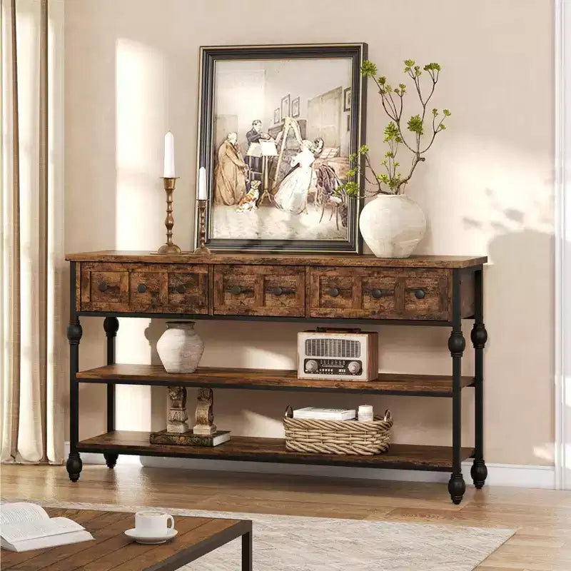 52-Inch Industrial Console Table with 3 Drawers and Open Shelf