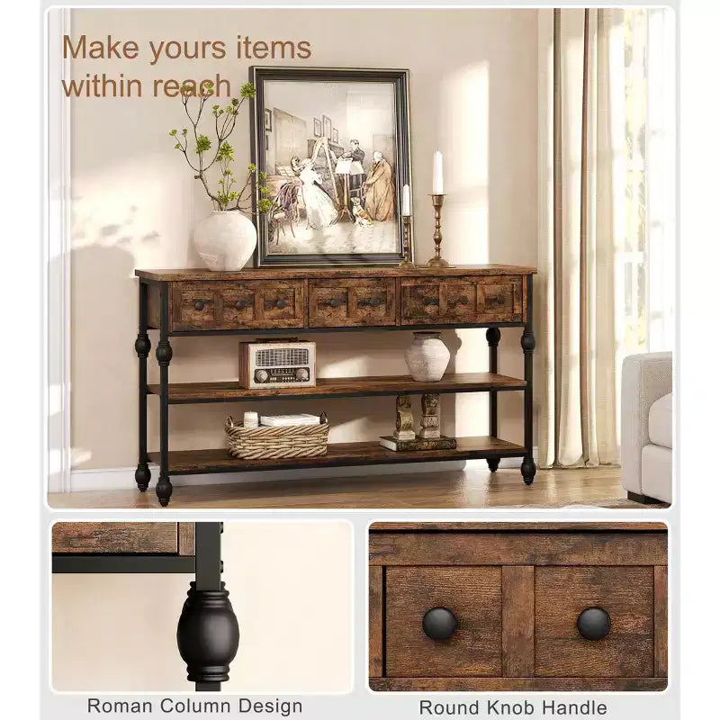 52-Inch Industrial Console Table with 3 Drawers and Open Shelf
