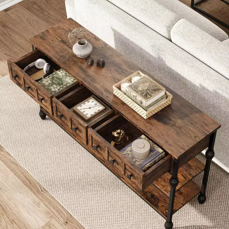 52-Inch Industrial Console Table with 3 Drawers and Open Shelf