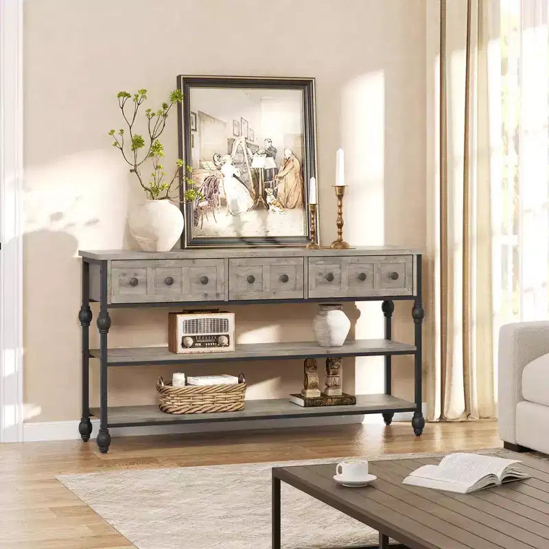 52-Inch Industrial Console Table with 3 Drawers and Open Shelf