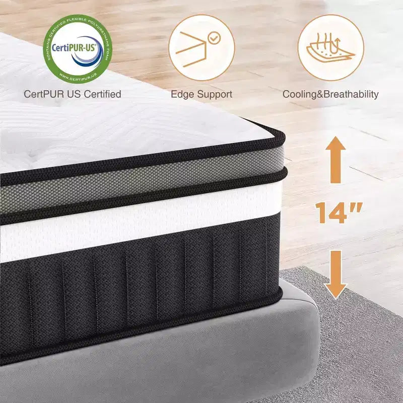 14 Inch Queen Mattress in a Box, Cooling Gel Memory Foam with Pocket Springs, Medium Firm