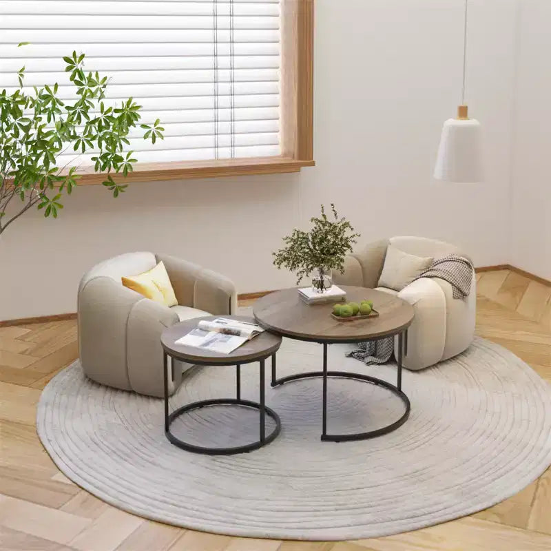 Round Nesting Coffee Table Set of 2 with Marble-Pattern Top and Metal Frame