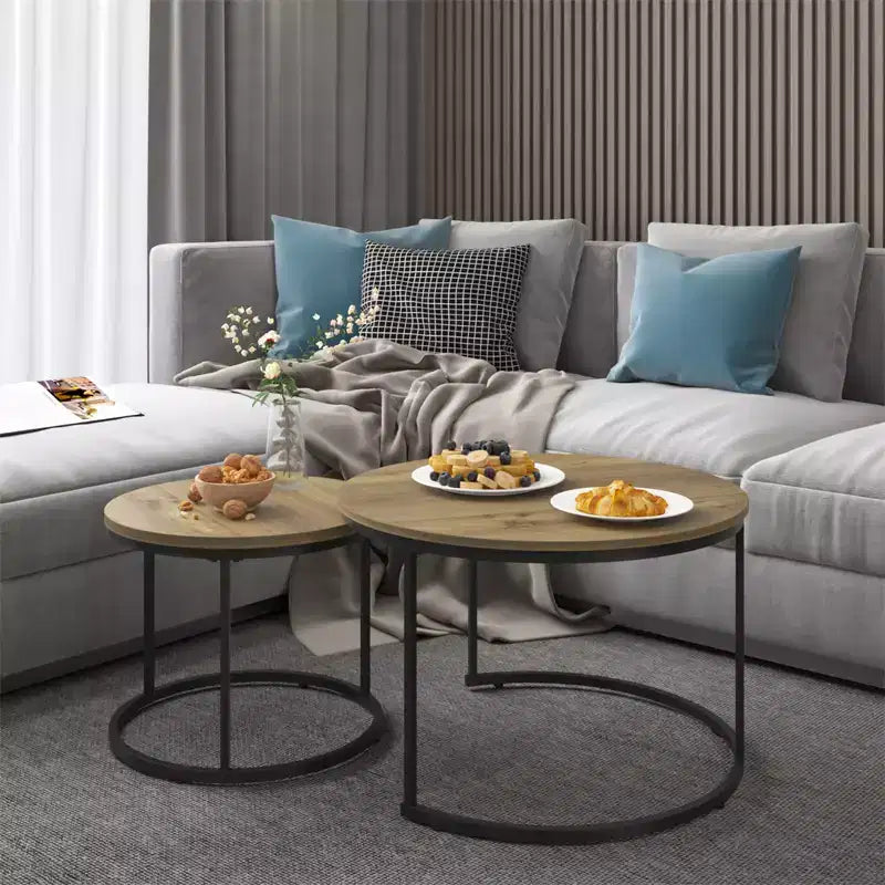 Round Nesting Coffee Table Set of 2 with Marble-Pattern Top and Metal Frame