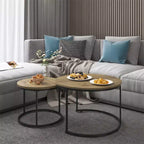 Round Nesting Coffee Table Set of 2 with Marble-Pattern Top and Metal Frame