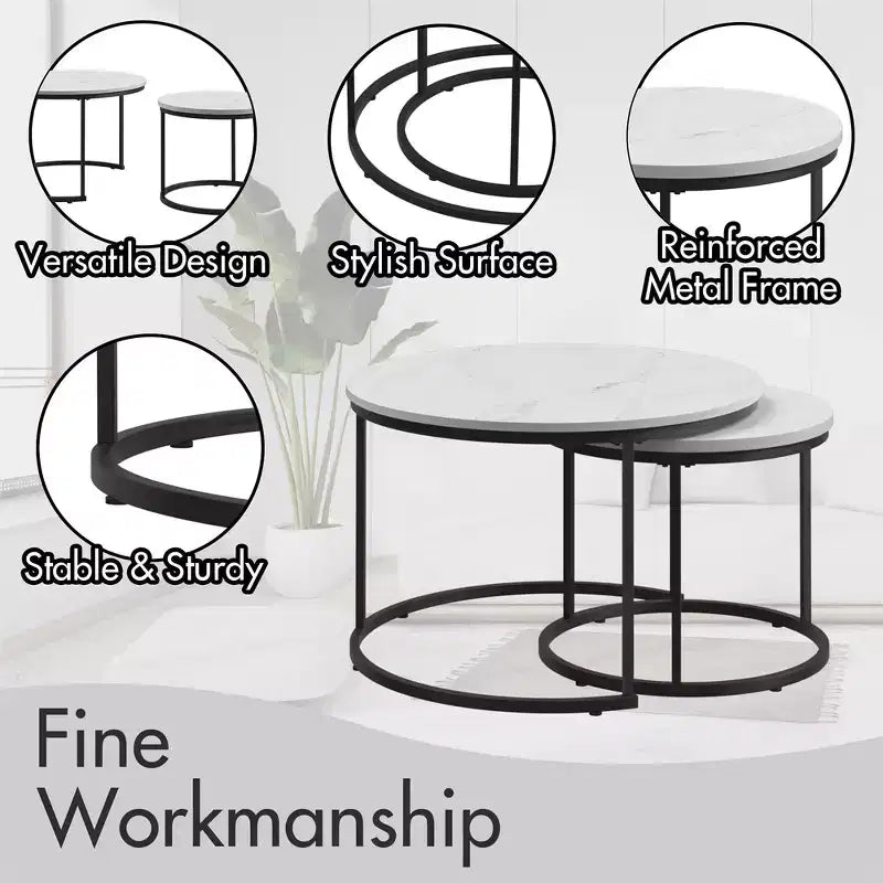Round Nesting Coffee Table Set of 2 with Marble-Pattern Top and Metal Frame