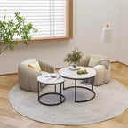 Round Nesting Coffee Table Set of 2 with Marble-Pattern Top and Metal Frame