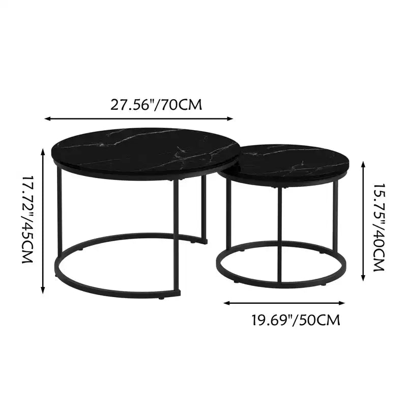 Round Nesting Coffee Table Set of 2 with Marble-Pattern Top and Metal Frame