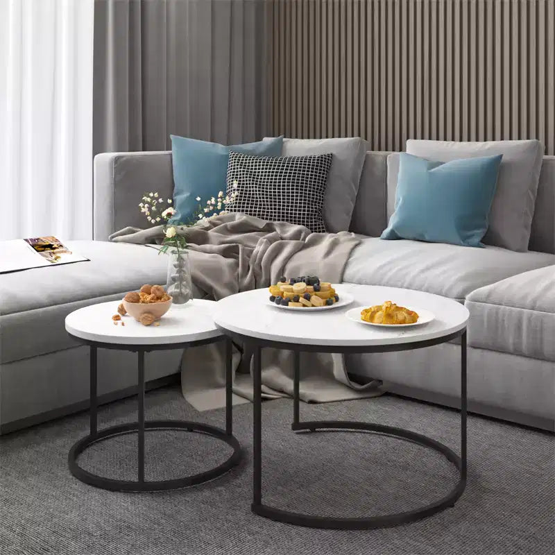 Round Nesting Coffee Table Set of 2 with Marble-Pattern Top and Metal Frame