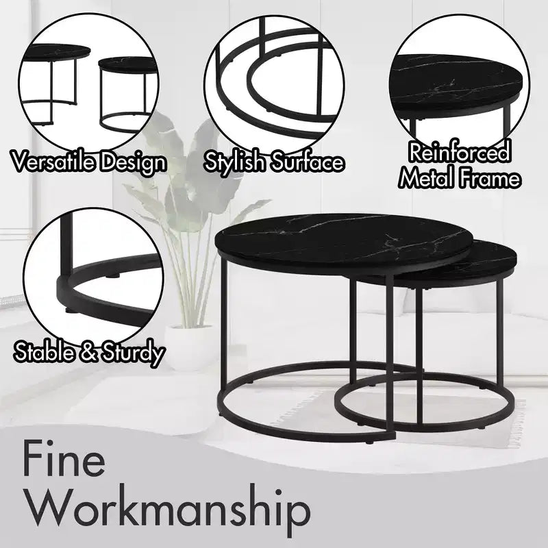 Round Nesting Coffee Table Set of 2 with Marble-Pattern Top and Metal Frame