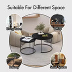 Round Nesting Coffee Table Set of 2 with Marble-Pattern Top and Metal Frame