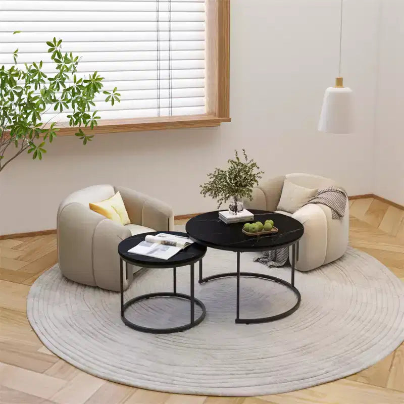 Round Nesting Coffee Table Set of 2 with Marble-Pattern Top and Metal Frame