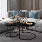 Round Nesting Coffee Table Set of 2 with Marble-Pattern Top and Metal Frame