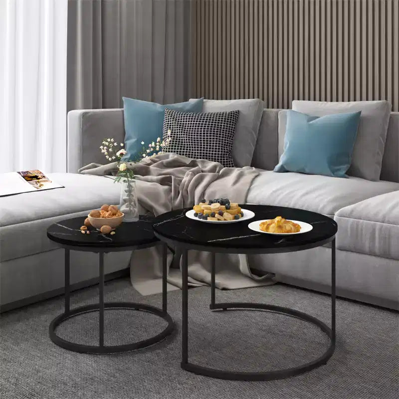 Round Nesting Coffee Table Set of 2 with Marble-Pattern Top and Metal Frame