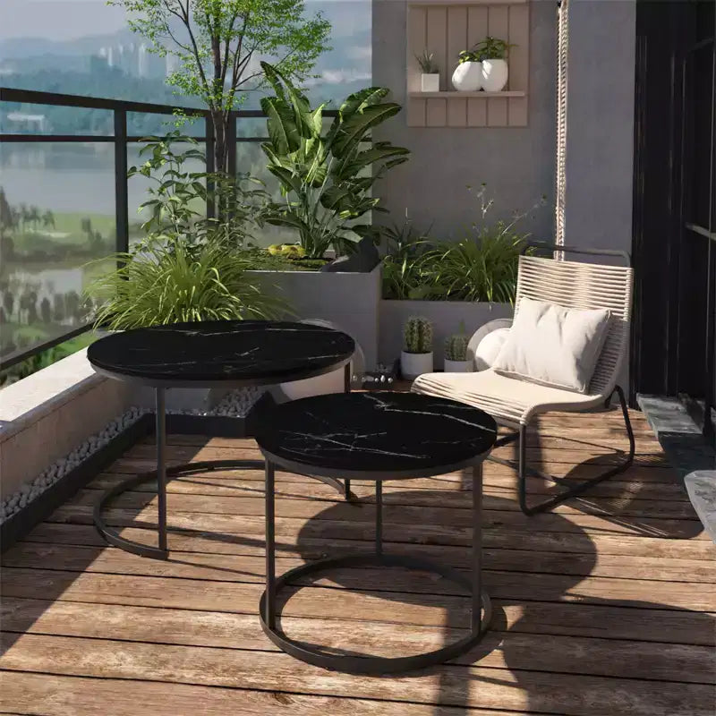 Round Nesting Coffee Table Set of 2 with Marble-Pattern Top and Metal Frame