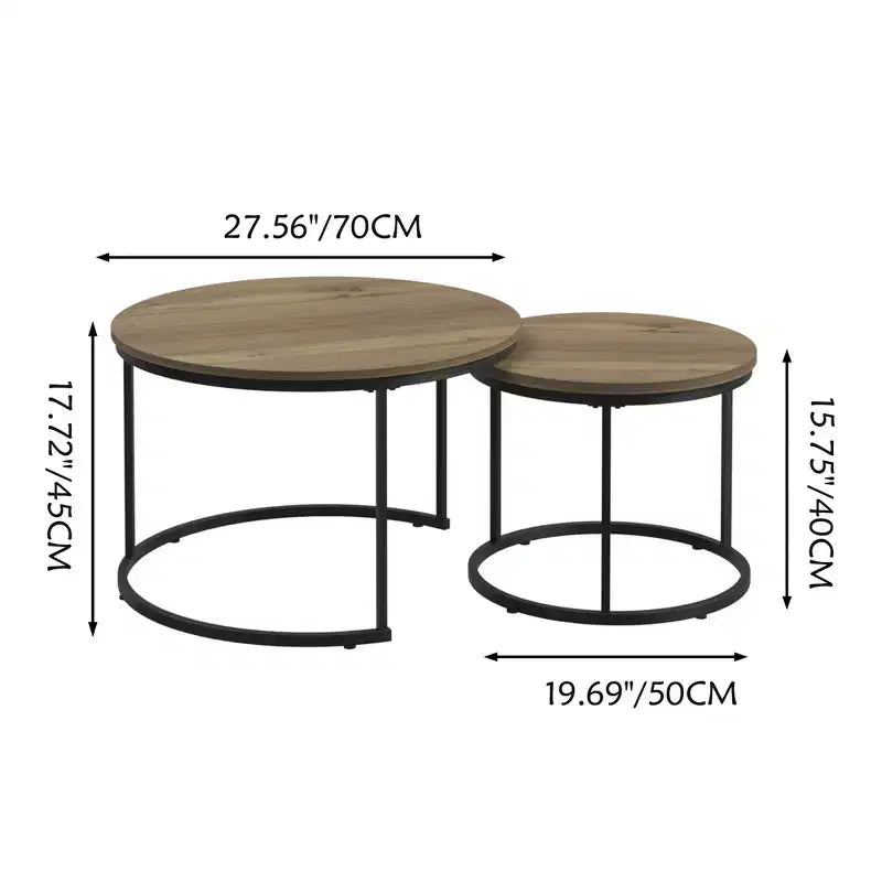 Round Nesting Coffee Table Set of 2 with Marble-Pattern Top and Metal Frame