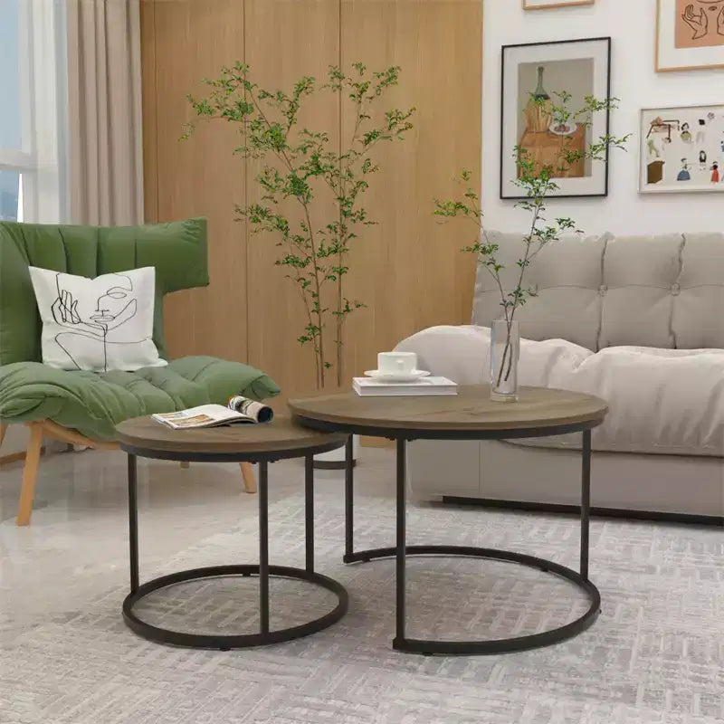 Round Nesting Coffee Table Set of 2 with Marble-Pattern Top and Metal Frame