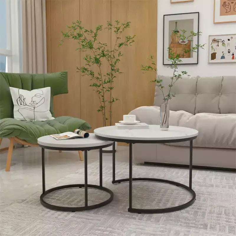 Round Nesting Coffee Table Set of 2 with Marble-Pattern Top and Metal Frame